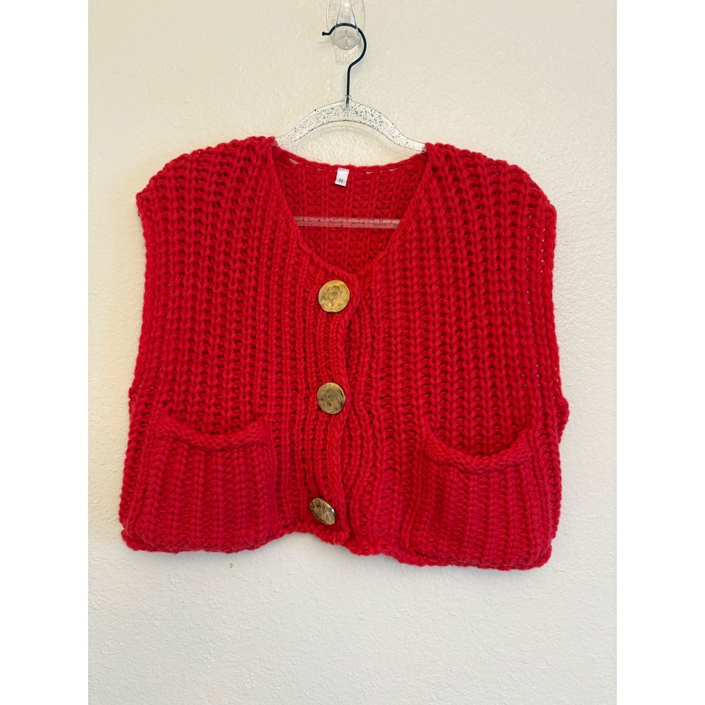 Unbranded Red Chunky Knit Cardigan Vest Sleeveless Cropped Sweater Medium